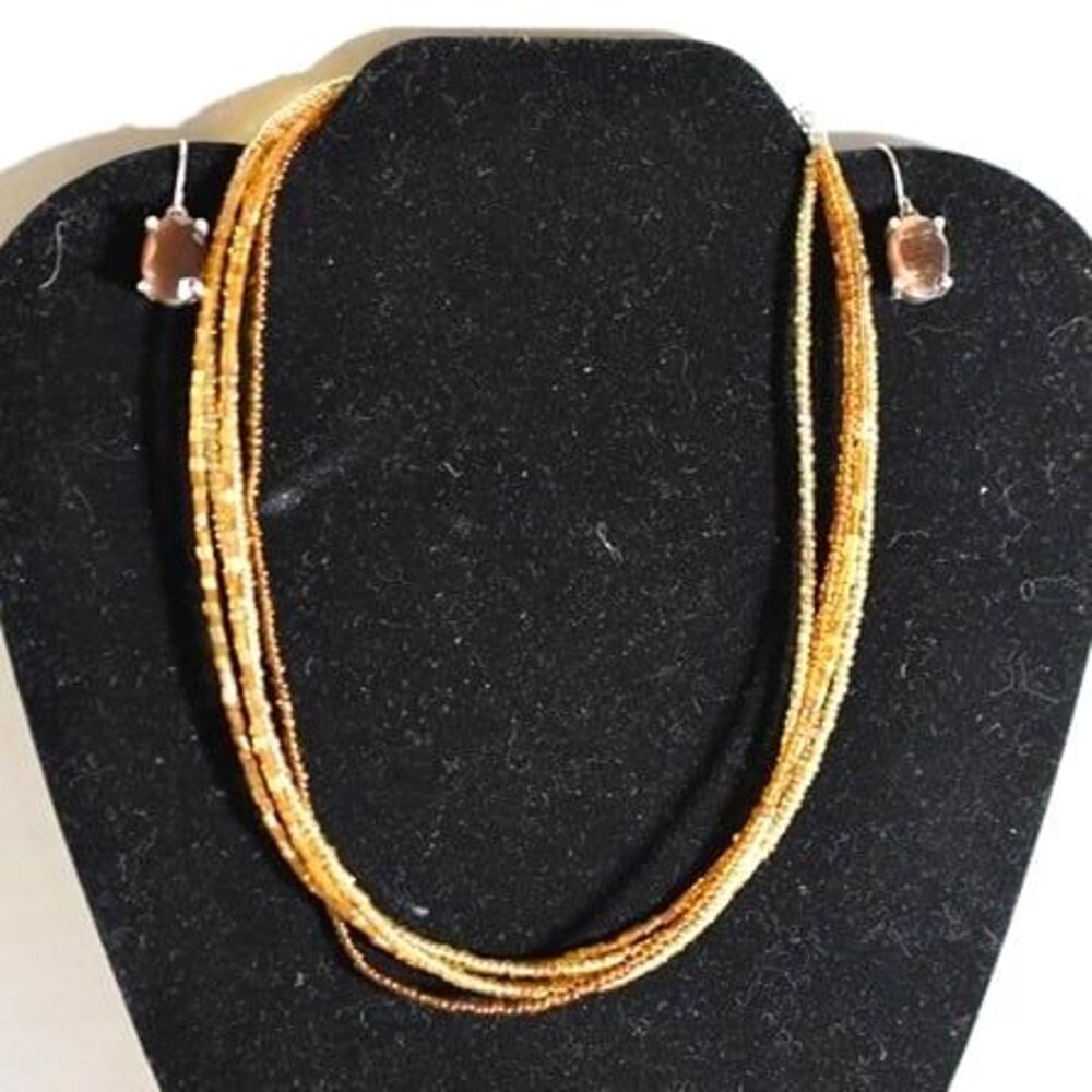 Vintage Bronze Tones 5 Strand Beaded Bib Necklace & Bronze Tone Hook Earrings